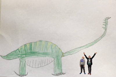 Zeichnung Dinbosaurier mit zwei Kindern