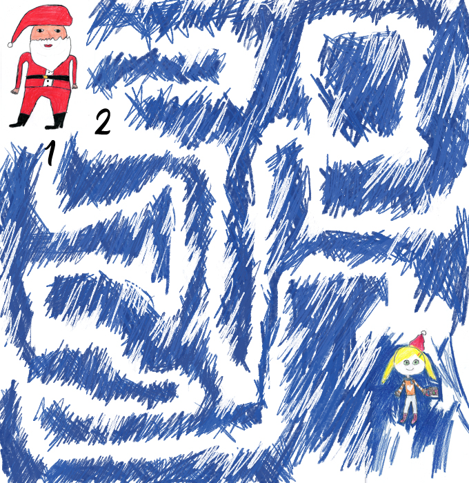 Zeichnung Labyrinth Weihnachtsmann und Mädchen