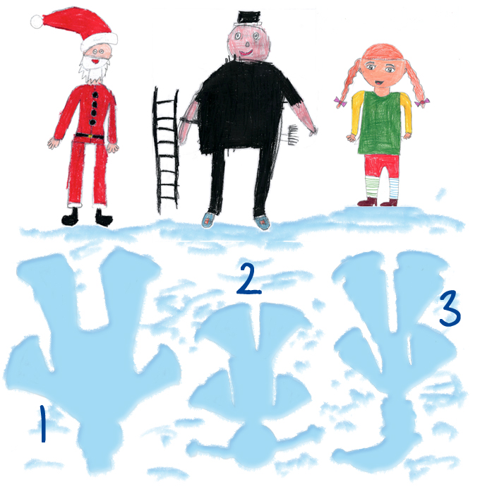 Zeichnung Weihnachtsmann, Schornsteinfeger und Pippi Langstrumpf Schneeengel